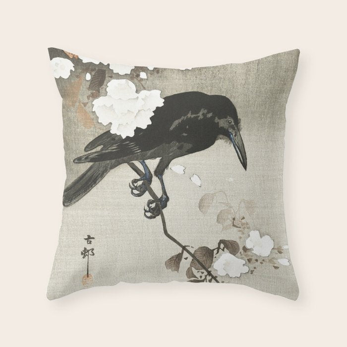 Raven on Cherry tree - Japanese vintage woodblock print Throw Pillow Gallery Image 6