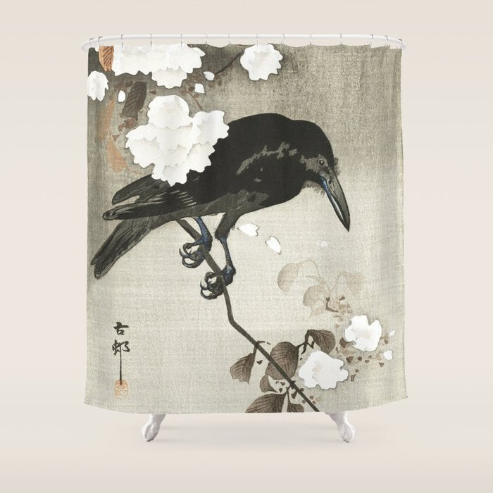 Raven on Cherry tree - Japanese vintage woodblock print Shower Curtain Gallery Image 1