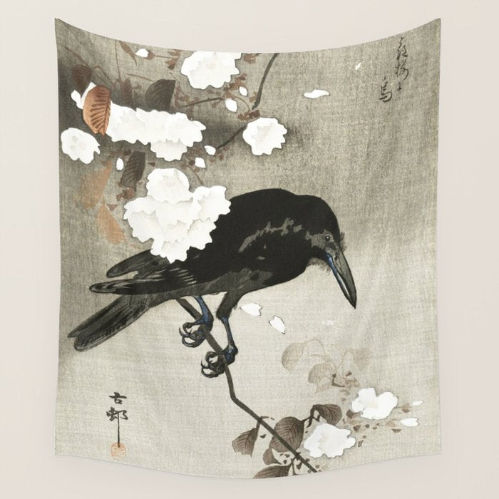Raven on Cherry tree - Japanese vintage woodblock print Wall Tapestry Gallery Image 1
