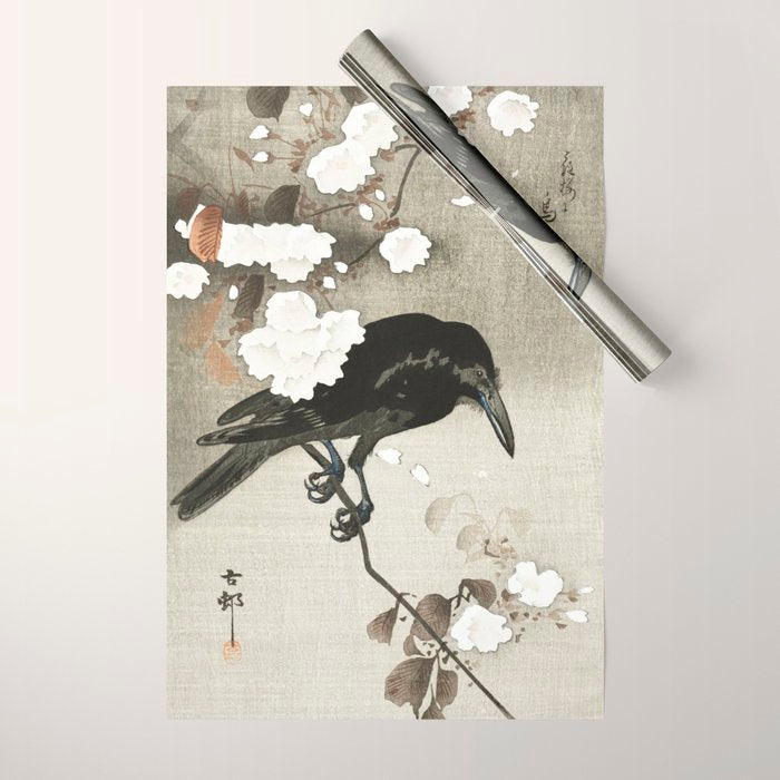 Raven on Cherry tree - Japanese vintage woodblock print Wrapping Paper Gallery Image 1