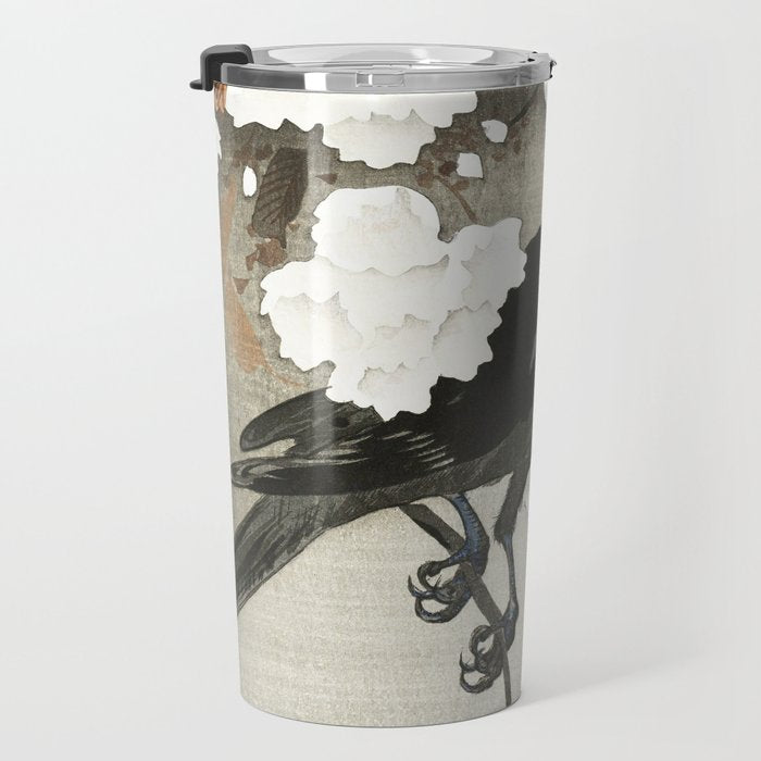 Raven on Cherry tree - Japanese vintage woodblock print Travel Mug Gallery Image 3