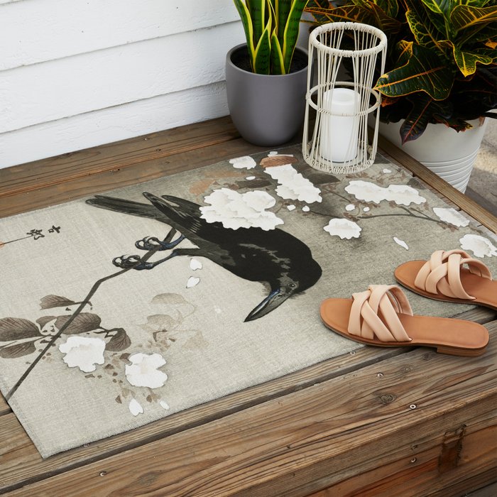 Raven on Cherry tree - Japanese vintage woodblock print Outdoor Rug Gallery Image 2
