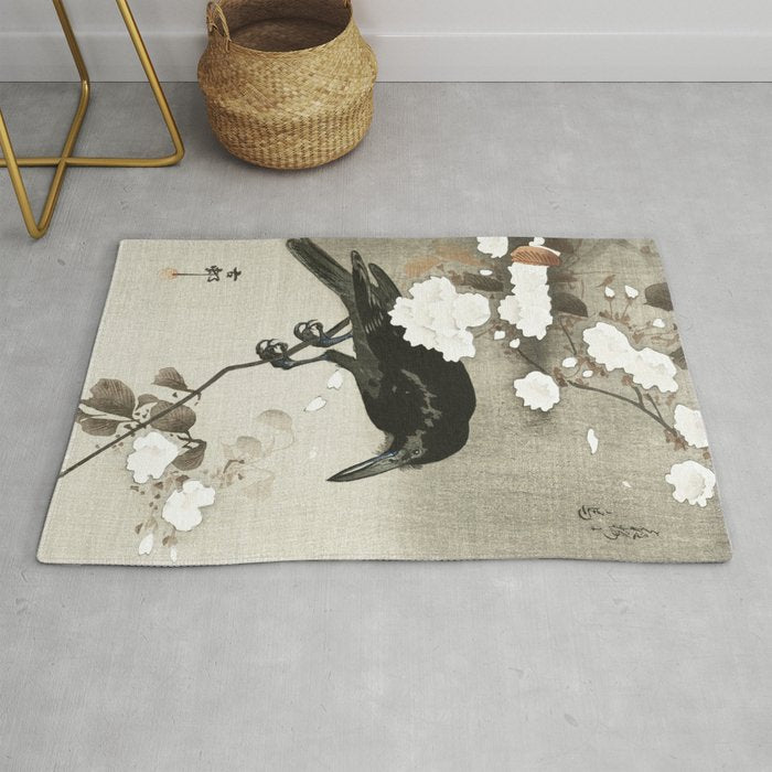Raven on Cherry tree - Japanese vintage woodblock print Rug Gallery Image 1