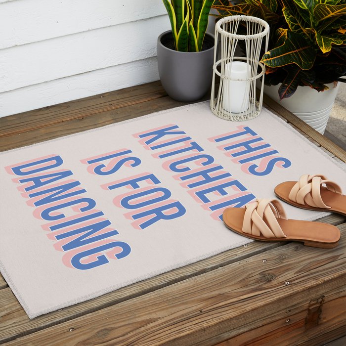 This Kitchen Is For Dancing (Blue Pink) Outdoor Rug Gallery Image 2