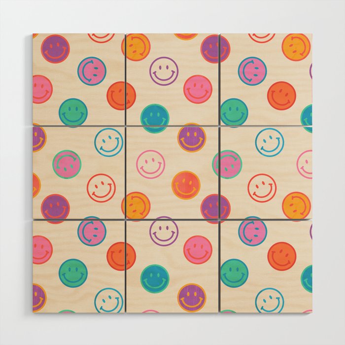 Retro Rainbow Smiling Faces Pattern Wood Wall Art Gallery Image 1