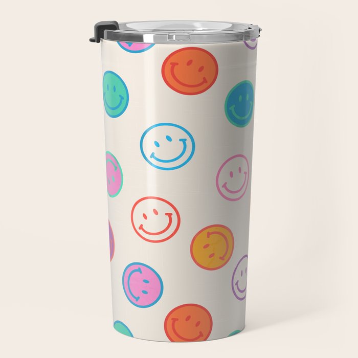 Retro Rainbow Smiling Faces Pattern Travel Mug Gallery Image 3