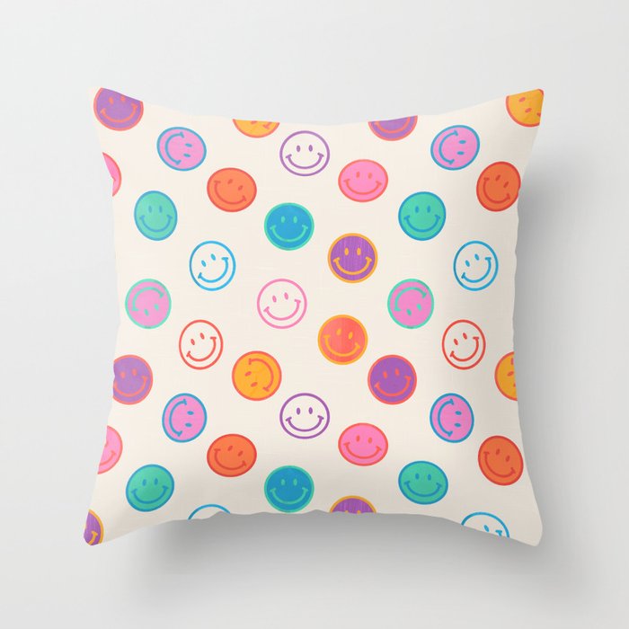 Retro Rainbow Smiling Faces Pattern Throw Pillow Gallery Image 6