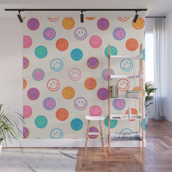 Retro Rainbow Smiling Faces Pattern Wall Mural Gallery Image 1