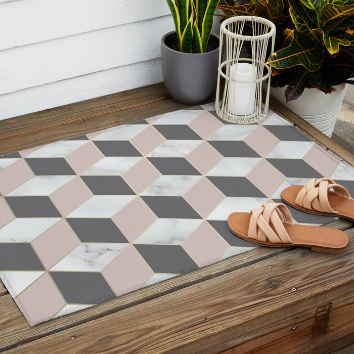 Geometric Art, Marble, Blush Pink, Gray, Abstract Art Outdoor Rug Gallery Image 2