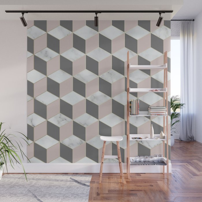 Geometric Art, Marble, Blush Pink, Gray, Abstract Art Wall Mural Gallery Image 1