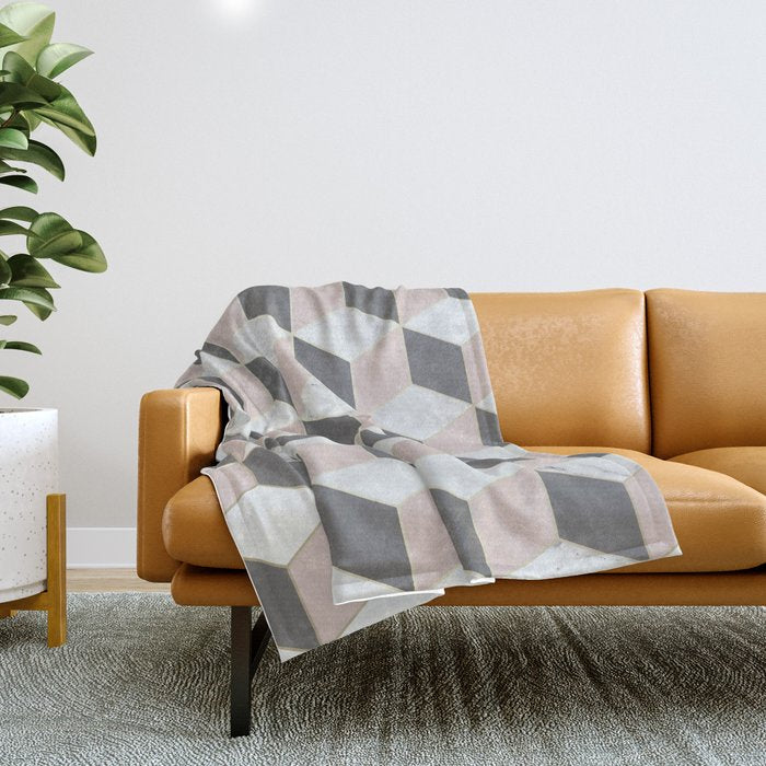 Geometric Art, Marble, Blush Pink, Gray, Abstract Art Throw Blanket Gallery Image 1