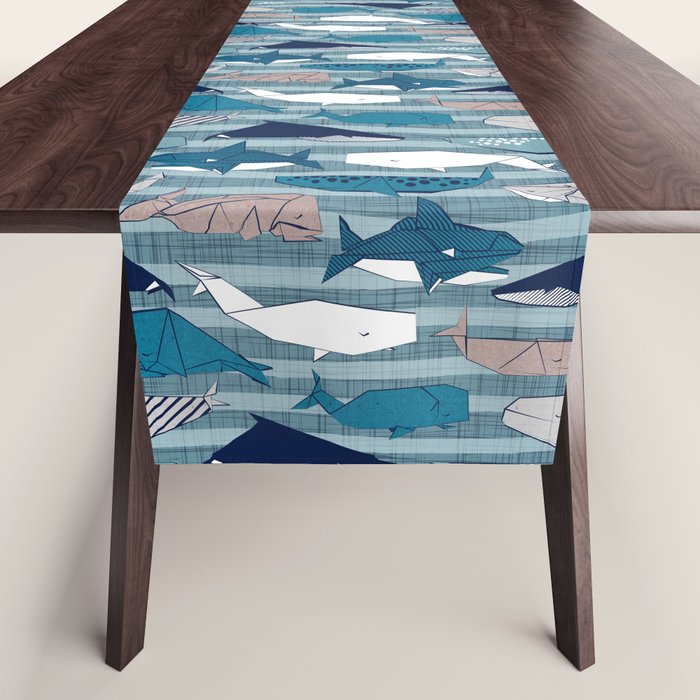 Origami Sea // linen texture and nautical stripes background teal white and taupe whales Table Runner Gallery Image 1