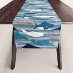 Origami Sea // linen texture and nautical stripes background teal white and taupe whales Table Runner Gallery Image 1