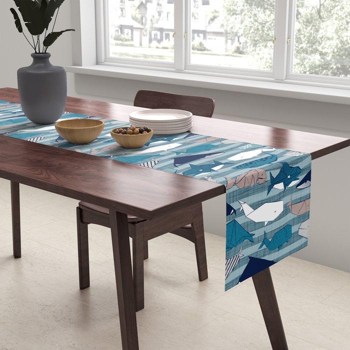 Origami Sea // linen texture and nautical stripes background teal white and taupe whales Table Runner Gallery Image 2