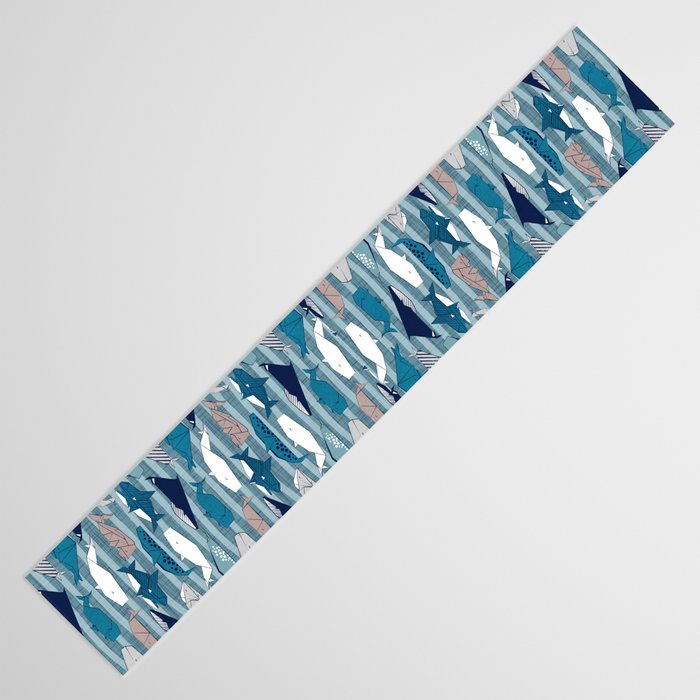Origami Sea // linen texture and nautical stripes background teal white and taupe whales Table Runner Gallery Image 3