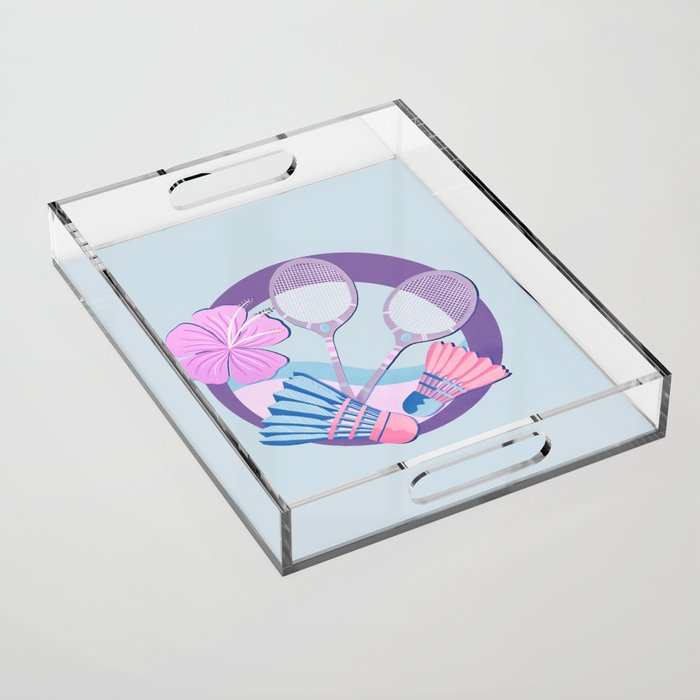 Tropical badminton badge - pastel purple and pink Acrylic Tray Gallery Image 1