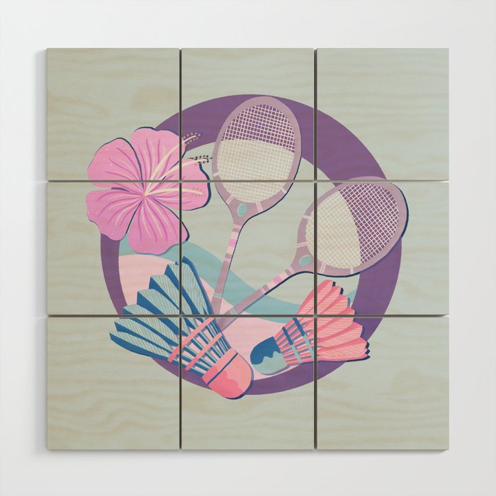 Tropical badminton badge - pastel purple and pink Wood Wall Art Gallery Image 1