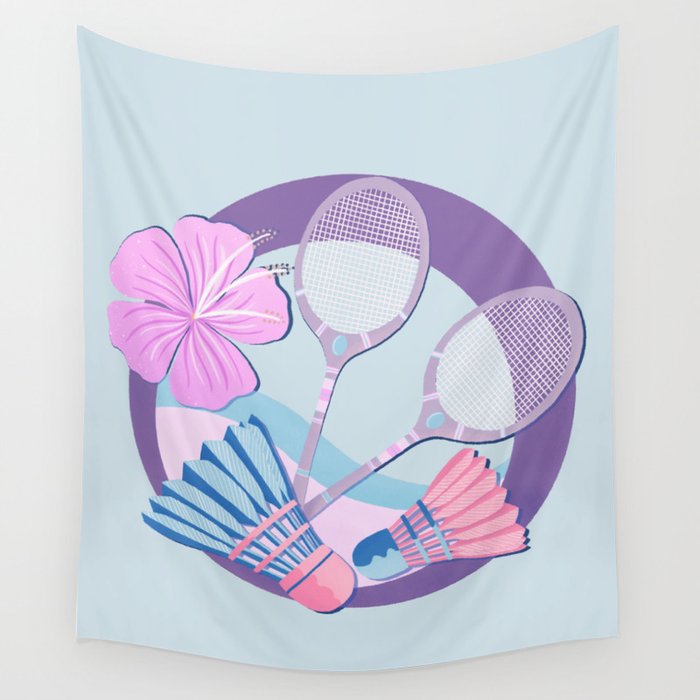 Tropical badminton badge - pastel purple and pink Wall Tapestry Gallery Image 4