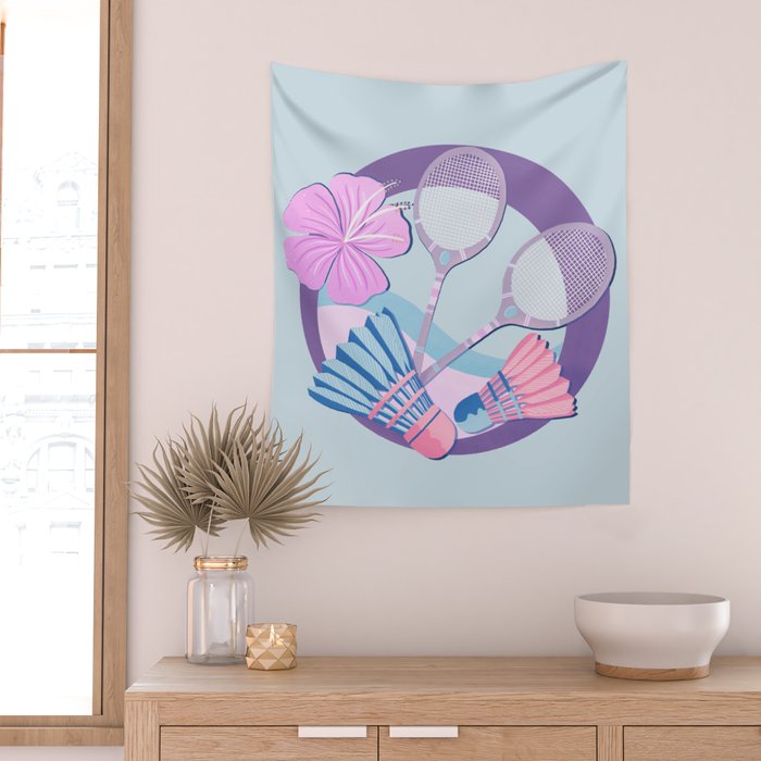 Tropical badminton badge - pastel purple and pink Wall Tapestry Gallery Image 2