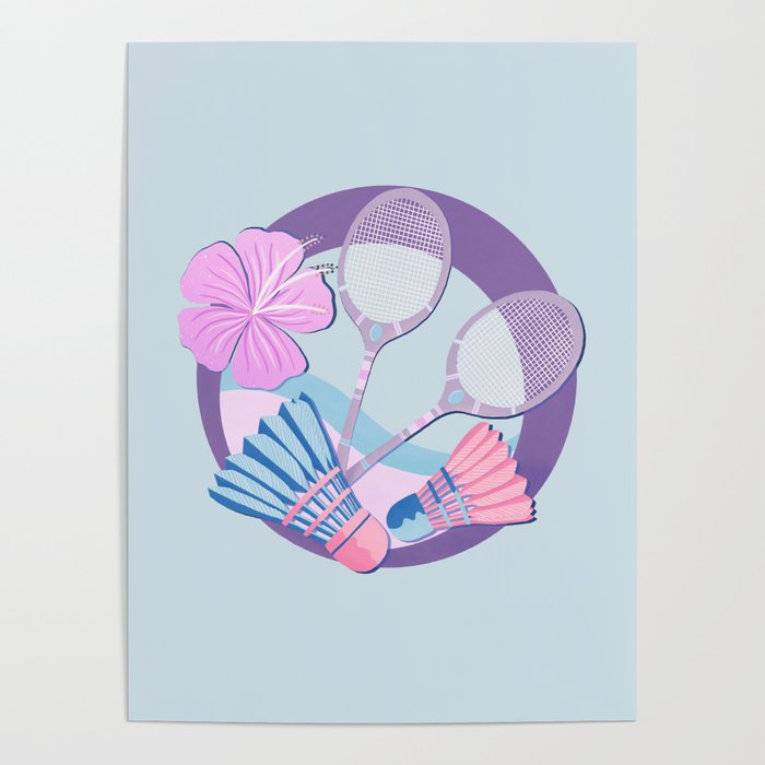 Tropical badminton badge - pastel purple and pink Poster Gallery Image 1