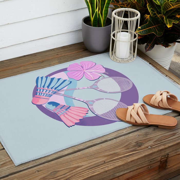 Tropical badminton badge - pastel purple and pink Outdoor Rug Gallery Image 2
