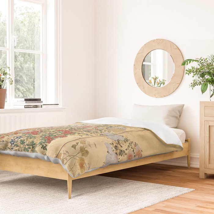 Japanese Edo Period Six-Panel Gold Leaf Screen - Spring and Autumn Flowers Duvet Cover Gallery Image 2