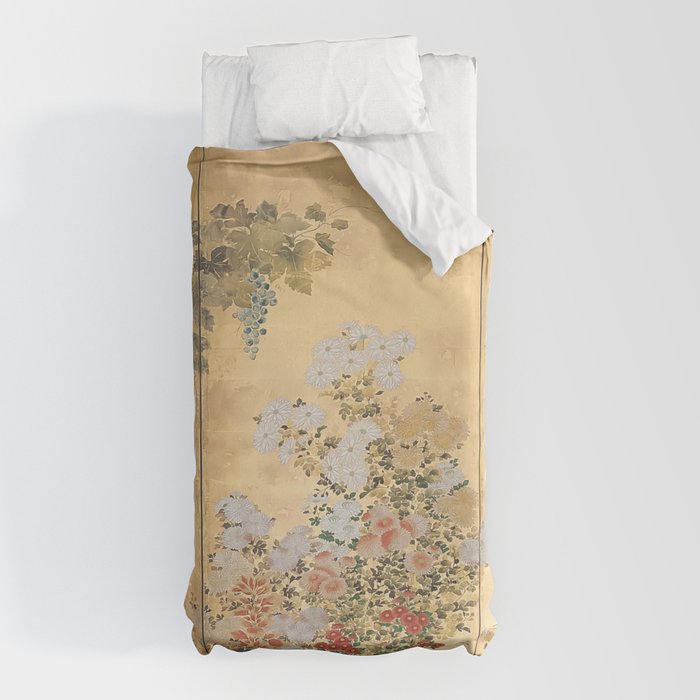 Japanese Edo Period Six-Panel Gold Leaf Screen - Spring and Autumn Flowers Duvet Cover Gallery Image 10
