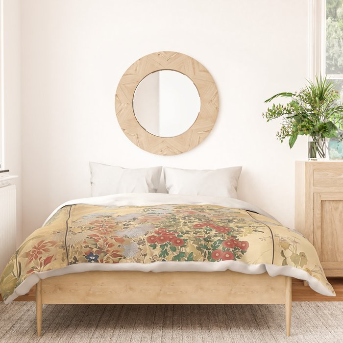 Japanese Edo Period Six-Panel Gold Leaf Screen - Spring and Autumn Flowers Duvet Cover Gallery Image 3