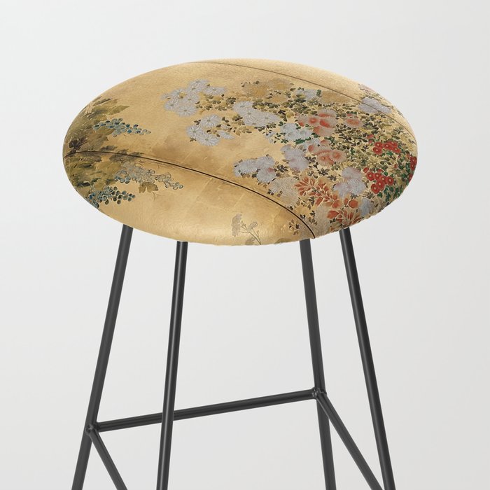 Japanese Edo Period Six-Panel Gold Leaf Screen - Spring and Autumn Flowers Stool Gallery Image 2