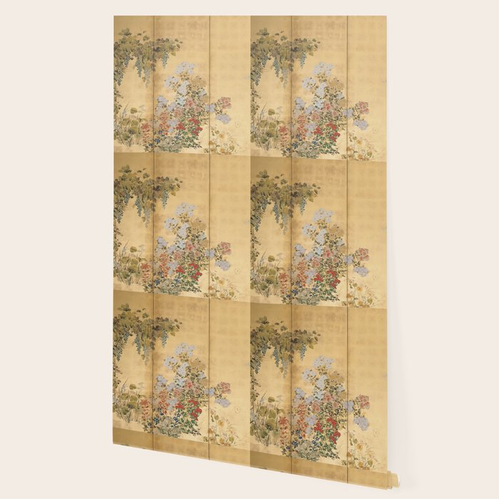 Japanese Edo Period Six-Panel Gold Leaf Screen - Spring and Autumn Flowers Wallpaper Gallery Image 2