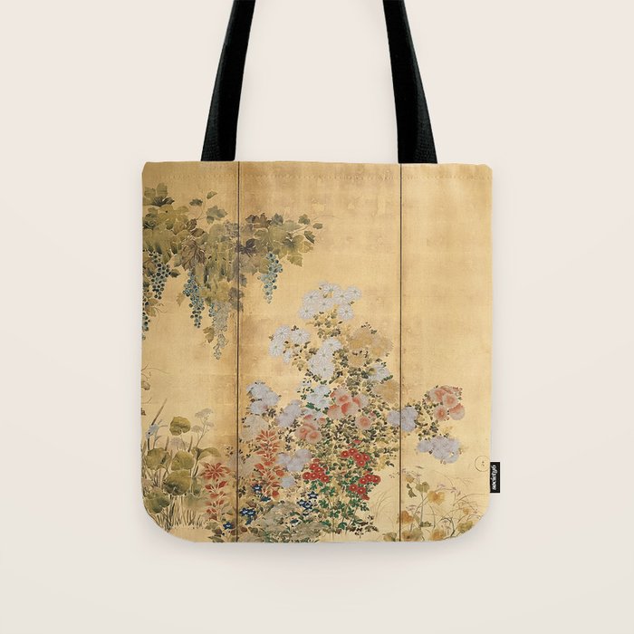Japanese Edo Period Six-Panel Gold Leaf Screen - Spring and Autumn Flowers Tote Bag Gallery Image 1