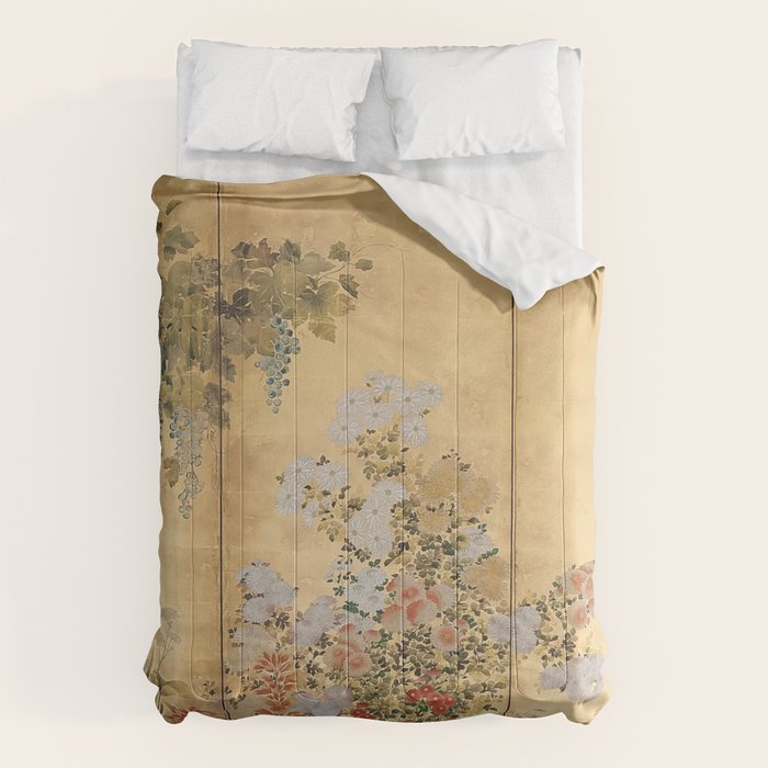 Japanese Edo Period Six-Panel Gold Leaf Screen - Spring and Autumn Flowers Comforter Gallery Image 6