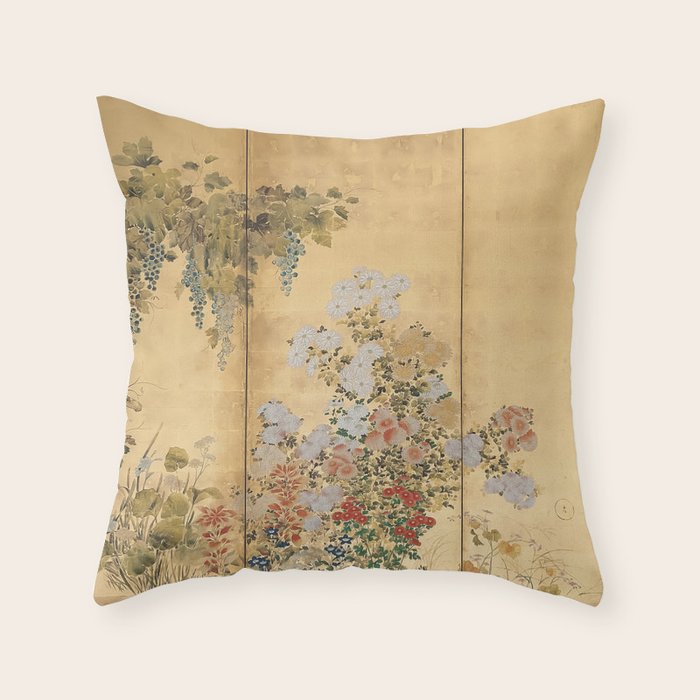 Japanese Edo Period Six-Panel Gold Leaf Screen - Spring and Autumn Flowers Throw Pillow Gallery Image 6