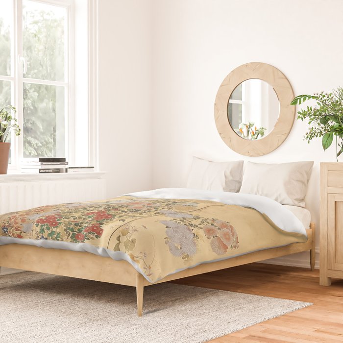 Japanese Edo Period Six-Panel Gold Leaf Screen - Spring and Autumn Flowers Duvet Cover Gallery Image 2