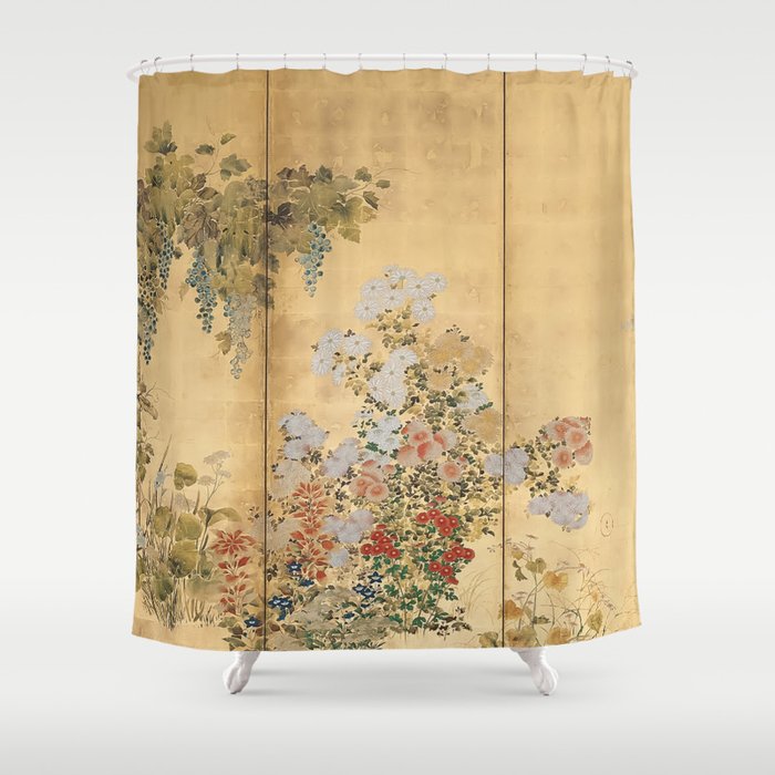 Japanese Edo Period Six-Panel Gold Leaf Screen - Spring and Autumn Flowers Shower Curtain Gallery Image 1