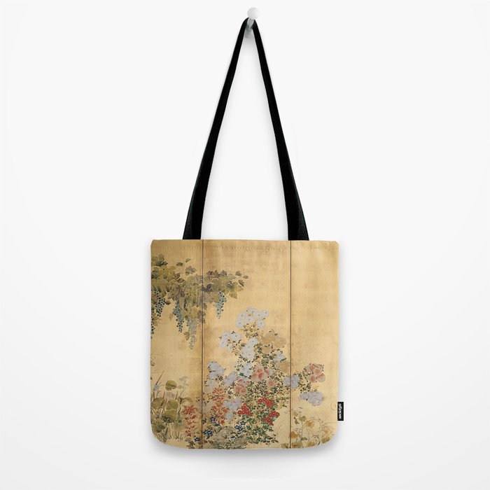 Japanese Edo Period Six-Panel Gold Leaf Screen - Spring and Autumn Flowers Tote Bag Gallery Image 2