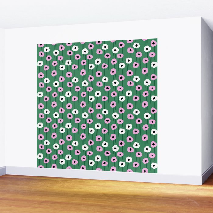 Abstract Poppies Pink & Green Wall Mural Gallery Image 2