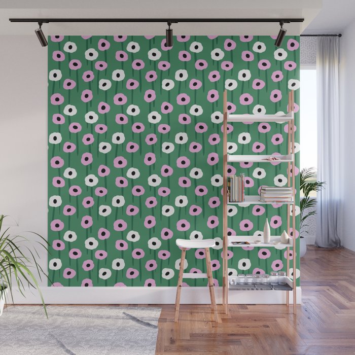 Abstract Poppies Pink & Green Wall Mural Gallery Image 1