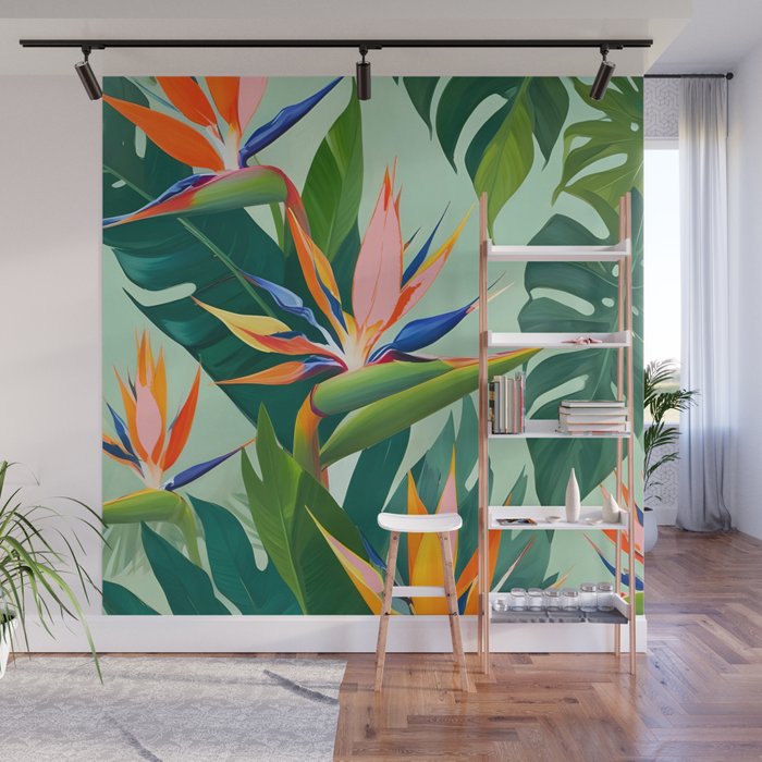 Birds in Paradise, Floral Birds of Paradise Botanical Jungle, Tropical Nature Plants Floral, Lush Green Orange Pink Exotic Forest, Garden Flowers Bohemian Painting Wall Mural Gallery Image 1