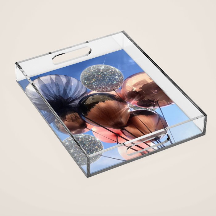 BALLOONS | happy | blue | sky | fly | glitter shine | celebrate | present | sunshine | summer | pink Acrylic Tray Gallery Image 1