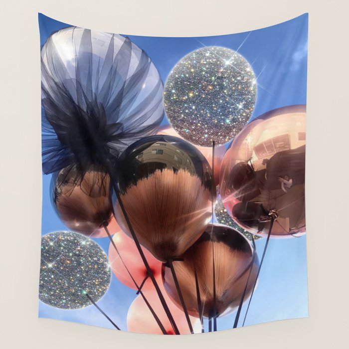 BALLOONS | happy | blue | sky | fly | glitter shine | celebrate | present | sunshine | summer | pink Wall Tapestry Gallery Image 4