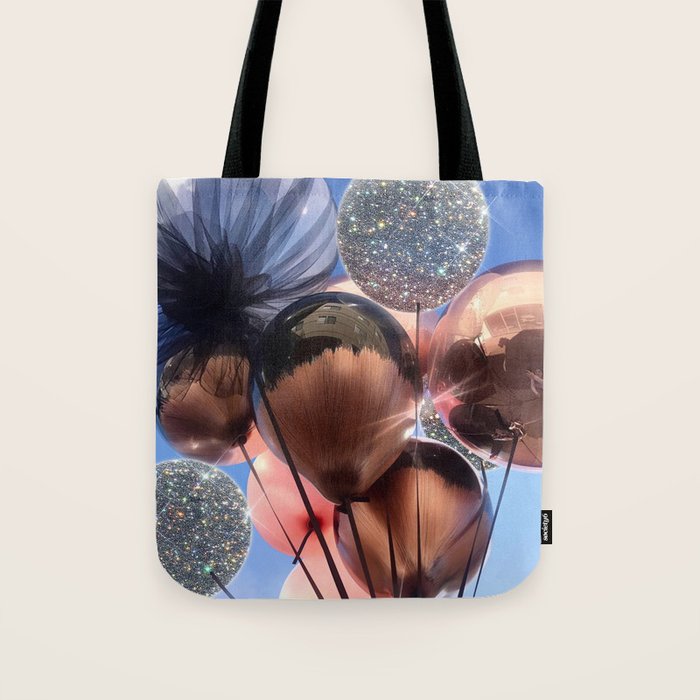 BALLOONS | happy | blue | sky | fly | glitter shine | celebrate | present | sunshine | summer | pink Tote Bag Gallery Image 1