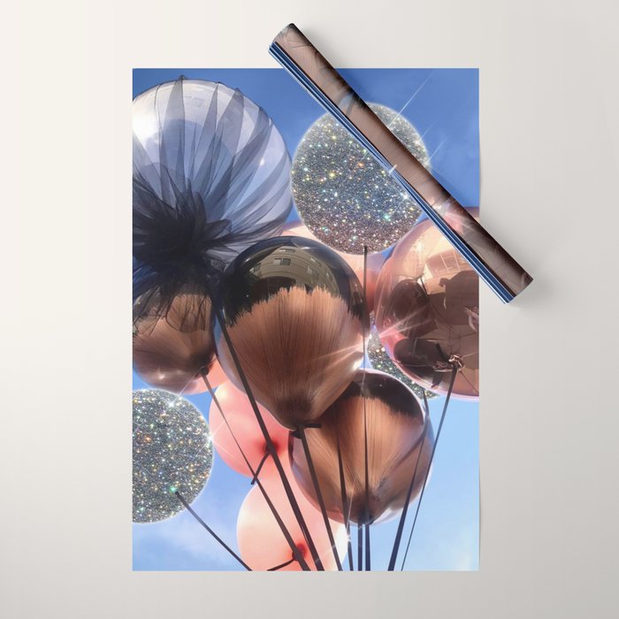 BALLOONS | happy | blue | sky | fly | glitter shine | celebrate | present | sunshine | summer | pink Wrapping Paper Gallery Image 1