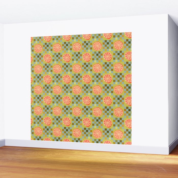 Checkered Citrus Fruit in Sage & Orange Wall Mural Gallery Image 2