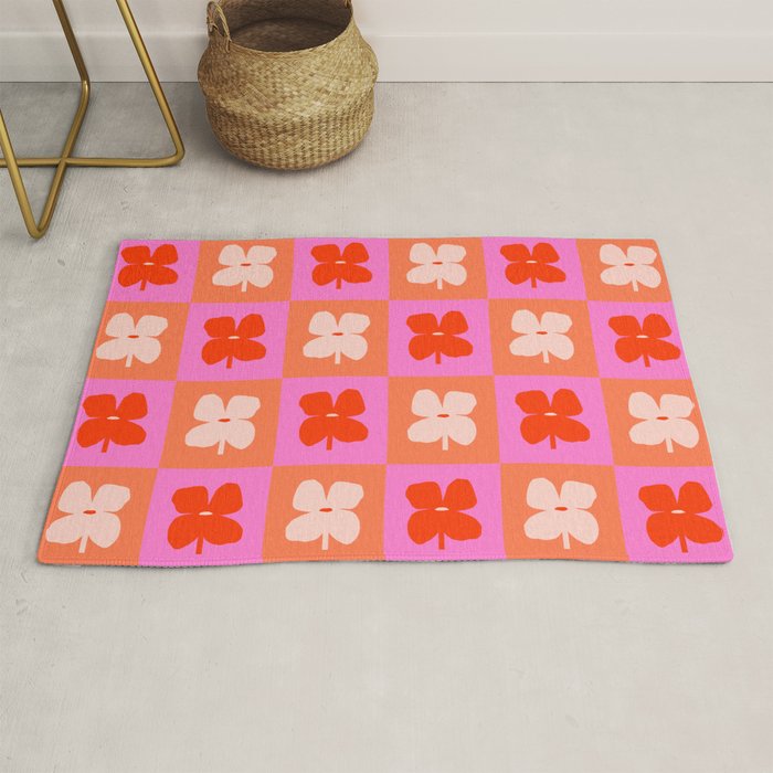 Retro Tropical Checkered Floral Pattern Rug Gallery Image 1