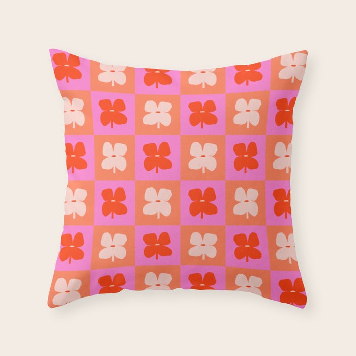 Retro Tropical Checkered Floral Pattern Throw Pillow Gallery Image 6