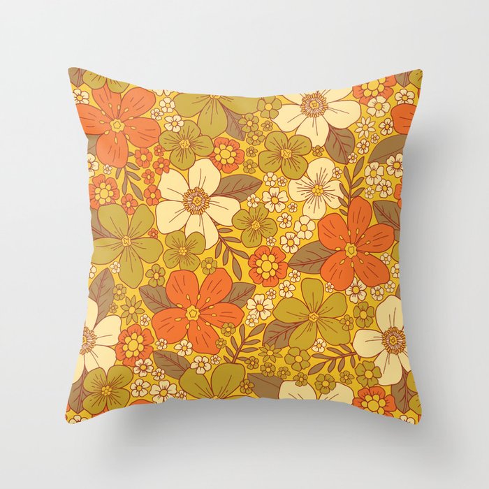 Retro 60s/70s Orange & Olive Green Floral Throw Pillow Gallery Image 6