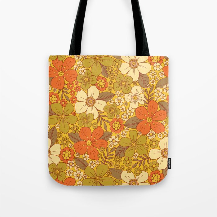 Retro 60s/70s Orange & Olive Green Floral Tote Bag Gallery Image 1