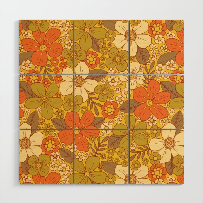 Retro 60s/70s Orange & Olive Green Floral Wood Wall Art Gallery Image 1