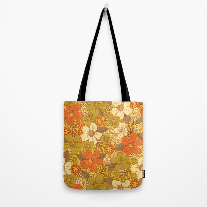 Retro 60s/70s Orange & Olive Green Floral Tote Bag Gallery Image 2